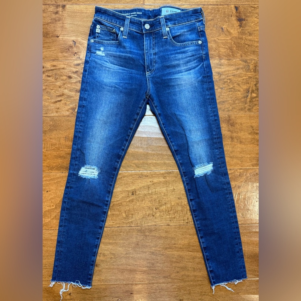 AG Farrah Skinny Ankle Jeans 27 Raw Hem Distressed High Rise Denim